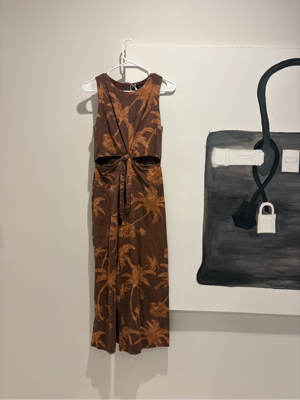 Mango Brown Midi Dress with Tan Palm Print and Front Tie